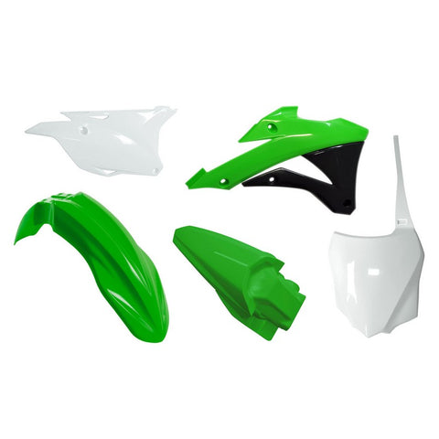 PLASTICS KIT RTECH FRONT / REAR FENDER SIDE PANELS RADIATOR SHROUDS &FRONT NUMBERPLATE KX85 KX100